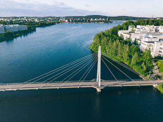 Aerial view of bridge over lake river to Campus area in Finland.