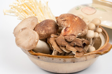 Earthenware pot with lots of Japanese mushrooms