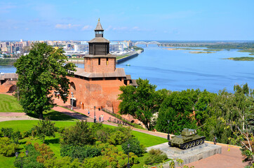 Russia, View of Nizhny Novogorod promenade, Kremlin, church and Stadium, building for the 2018 FIFA World Cup