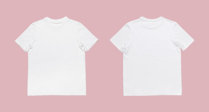 White cotton T-shirt isolated on pink background. Clean white t-shirt for women or men. Unisex T-shirt. Branding clothes front and back view Mock up for your design. Classic White Basic T-shirt