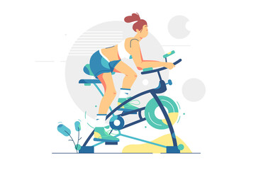 Young woman doing sport cycling vector illustration. Girl training on stationary bike, healthy lifestyle, weight loss flat style. Sport and fitness concept. Isolated on white background