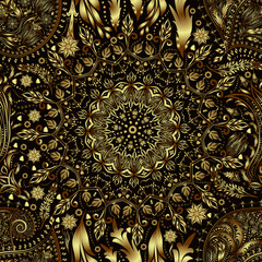 Vintage floral motif ethnic seamless background. Abstract lace pattern. Gold gradient elements.