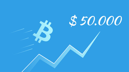 Bitcoin BTC flies towards 50000 dollars on blue background. Upward trend arrow. Vector illustration for news.