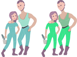 Couple standing ready to gardening. Farmers isolated on white background