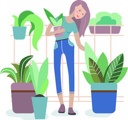 Woman watering houseplants on balcony, gardening hobby illustration. Girl cartoon character growing plants at home, smiling woman with watering can on balcony. Kitchen garden and houseplants