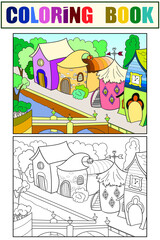 Fantastic children houses. Set coloring book. Vector illustration.