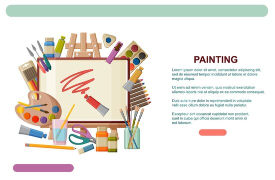 Paint art tools and table easel. Watercolor, gouache oil and acrylic paints. Painting studio web banner template or landing page. Vector illustration