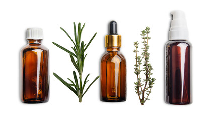 Dropper bottles with oil and herbs isolated on white background flat lay view. Herbal cosmetics concept