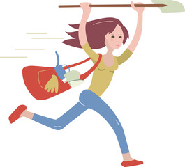 Young woman run with a shovel. .armer isolated on white background. Illustration can be used for vegetable picking,  farming