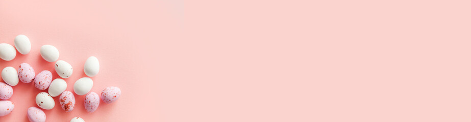 Happy Easter concept. Preparation for holiday. Easter candy chocolate eggs and jellybean sweets...