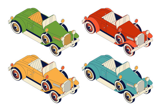 Retro car convertible set. Vintage cars from 30s green and red, yellow and blue isolated on white background. Vector illustration