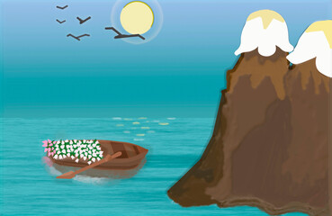 Naklejka premium 3 D - rendering. The sun is shining over the sea and seagulls are flying. On the tops of the spring mountains there is snow in the form of white tulips. A boat full of tulips floats in the water.