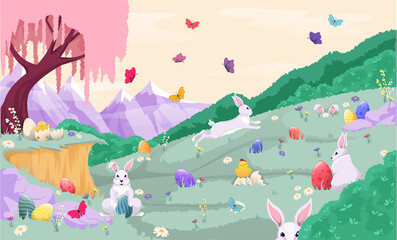 Fototapeta na wymiar Easter. Landscape with bunnies, chicks, butterflies. Garden for Easter egg hunt. Cartoon animals on colourful natural background. Happy spring holidays. Vector. Flat.