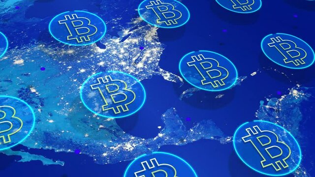 Bitcoin symbol covering the globe animation.