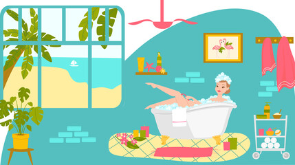 Relax bathroom care skin, woman character rest modern washroom design, female shave leg cartoon vector illustration. Window view tropical beach background, pot plants leaf, skin care cosmetic product.