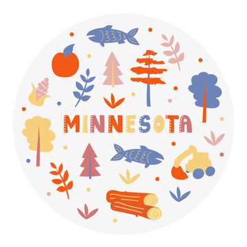 USA collection. Vector illustration of Minnesota theme. State Symbols - round shape