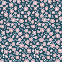 seamless floral pattern with tiny pink flowers on dark background, retro style