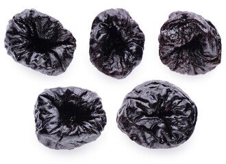 Dried plums isolated on white background.