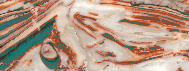 Coral red marble texture background with aqua curly veins, panoramic marbling texture design for...