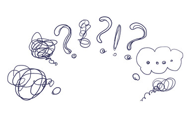 Question marks and speech bubble, the concept of reflections and doubts, the search for answers to questions and doubts. Vector doodle illustration isolated on white background