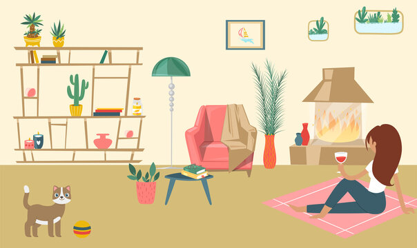 Relaxing living room with fireplace, modern design home lounge domestic cat play ball cartoon vector illustration. Female sitting rest drink wine, woman character relax cozy household hearth.