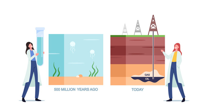 Scientist Female Characters Presenting Oil and Gas Natural Formation Infographics from Million Years Ago to Today