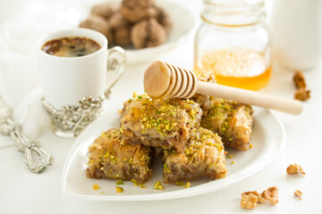 baklava is an oriental sweetness. Selective focus.