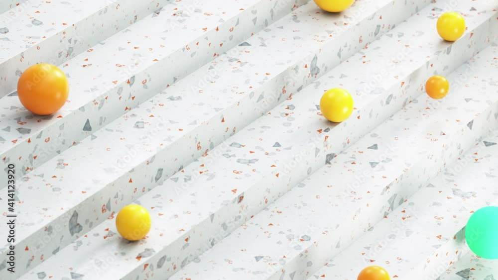 Poster bright colorful spheres rolling and jumping down the stairs with texture pattern. new ideas and posi