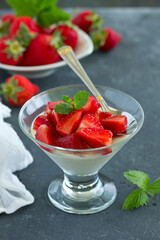 Panna cotta with strawberry sauce and mint.