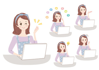 パソコンで作業する若い女性の表情セット