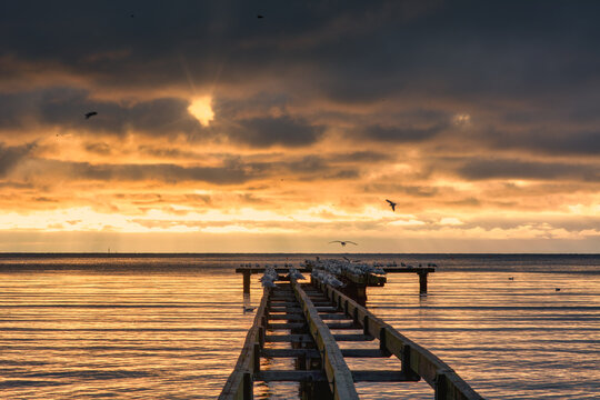 A beautiful golden sunset over an old boardwalk. Photo from Hallevik, Blekinge county, Sweden