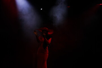 a woman in a red dress sings on stage