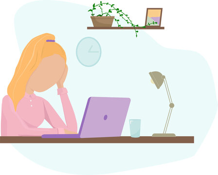 young girl working with laptop studying freelance video conference vector illustration