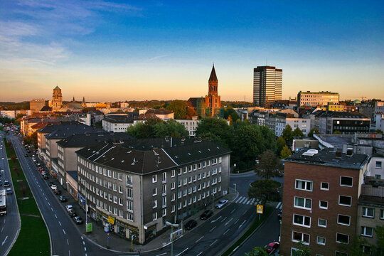 City Essen at evening, panorama scenic