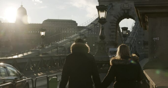 Cinematic view of tourist people walking in Budapest in winter 2021.
