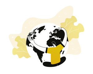 A man embraces the planet and expresses his gratitude. Care and nature. Love for the Earth. Vector illustration for telework, remote working and freelancing concept, business, start up.