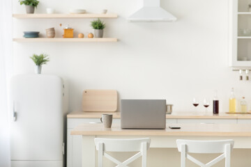 Fototapeta premium Simple interior, home office in kitchen during covid-19 quarantine