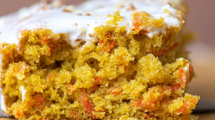 close up of slice of carrot cake 