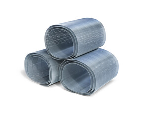 Aluminium net rolled up in three stacks, 3d illustration