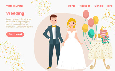Pair wedding character in suit, modern style postcard, couple lover marry landing page concept flat vector illustration. Website online text banner, table with celebration cake and balloon.