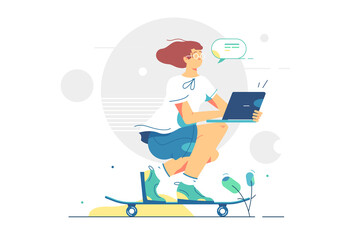 Girl on skateboard with laptop vector illustration. Teenager work on device while riding on street on skate flat style. Outdoor sport activity and technology concept. Isolated on white background