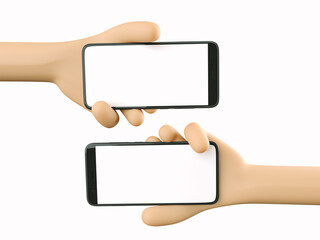 Phones in hands. Blank white screen on the phone. Mockup. File transfer. Phone communication. 3d rendering. 3d illustration. 3d hand - 414127127