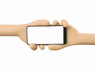 Phone in hand. Blank white screen on the phone. Phone is passed from hand to hand. Communication. Mockup. 3d rendering. 3d illustration. 3d hand - 414127359