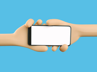 Phone in hand. Blank white screen on the phone. Phone is passed from hand to hand. Communication. Mockup. 3d rendering. 3d illustration. 3d hand - 414127393