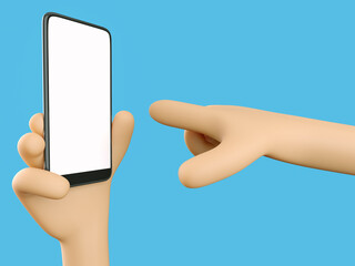 Phone in hand. Blank white screen on the phone. Finger points to phone screen. Mockup. 3d rendering. 3d illustration. 3d hand - 414127517