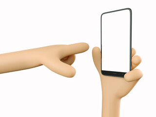 Phone in hand. Blank white screen on the phone. Finger points to phone screen. Mockup. 3d rendering. 3d illustration. 3d hand - 414127562