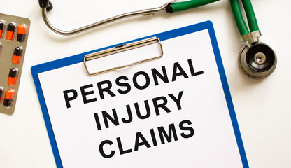 Text PERSONAL INJURY CLAIMS in the folder with the stethoscope. Medical concept.