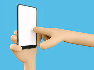 Phone in hand. Blank white screen on the phone. Finger points to phone screen. Mockup. 3d rendering. 3d illustration. 3d hand - 414127741