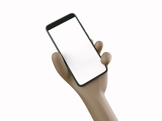 Phone in hand. Blank white screen on the phone. Mockup. 3d rendering. 3d illustration. 3d hand - 414127790