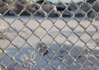 Frozen chain link fence with winter background